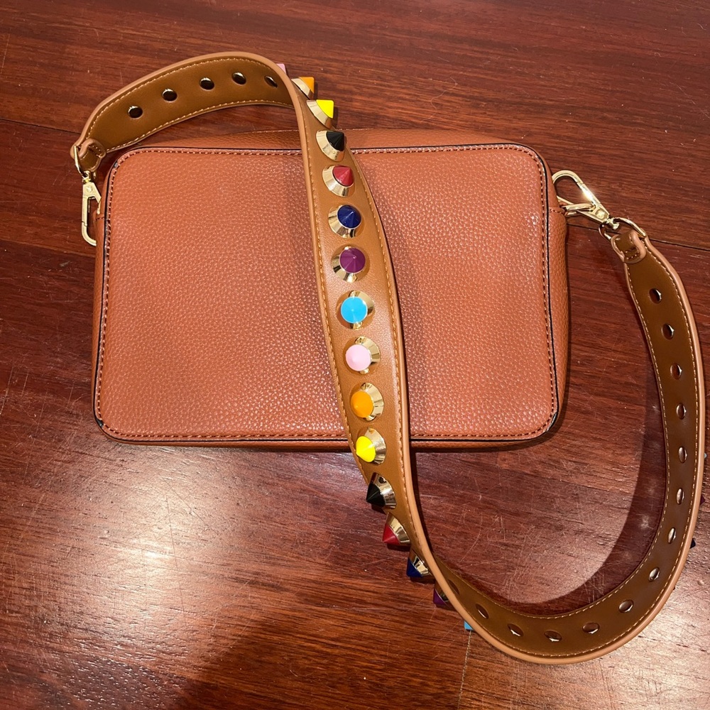 Tan pleather crossbody bag with multicolor studded strap